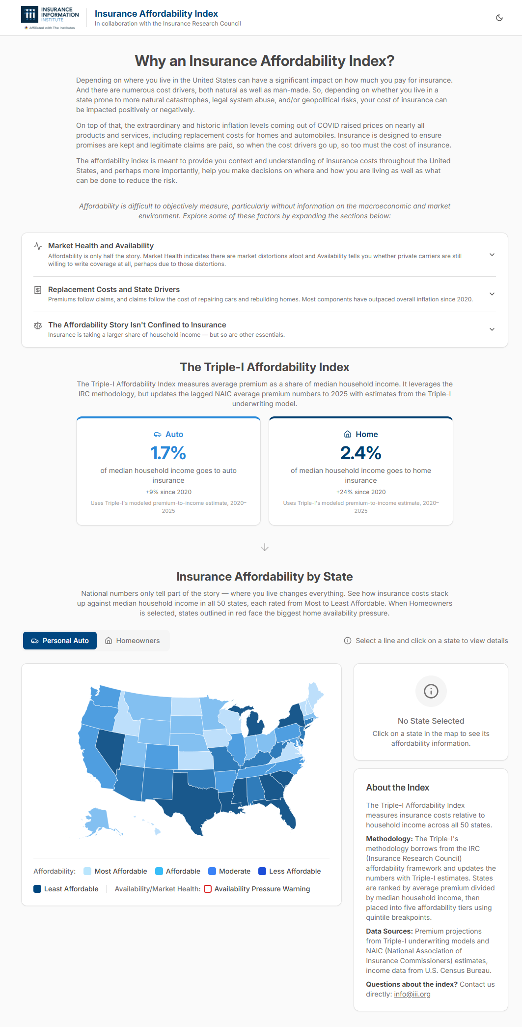 screenshot of triple i insurance affordability dashboard homepage