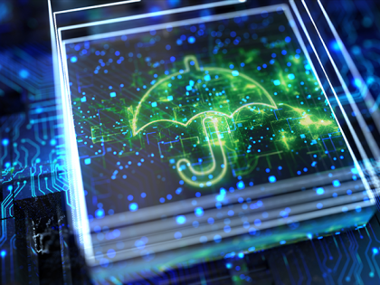 Insurtech concept of a transparent cube with a green umbrella over a circuit board and network connections. 