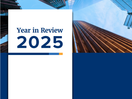 IRC 2025 Year in Review report cover, featuring an upward view of glass office towers against a blue sky, with the Insurance Research Council logo and 'Affiliated with The Institutes' tagline.